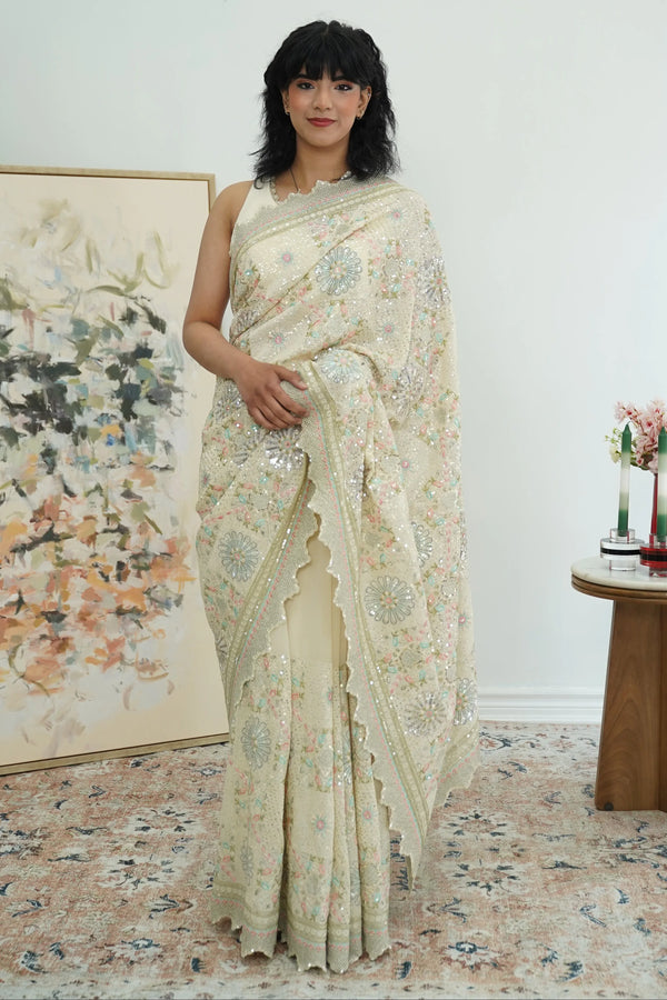Cream Heavy sequins Embroidery Saree - myethnicrentals