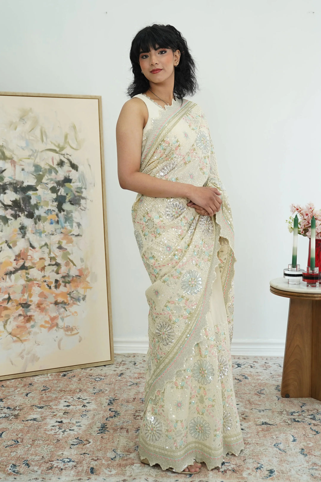 Cream Heavy sequins Embroidery Saree - myethnicrentals