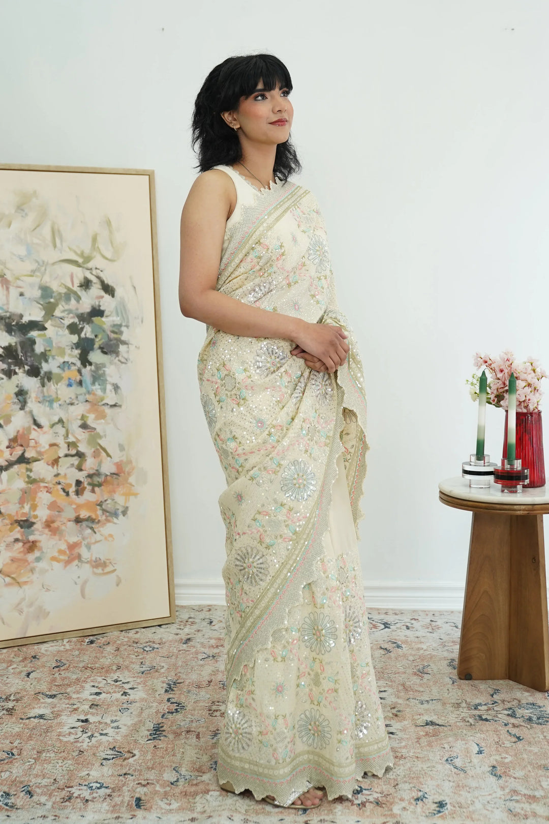Cream Heavy sequins Embroidery Saree - myethnicrentals