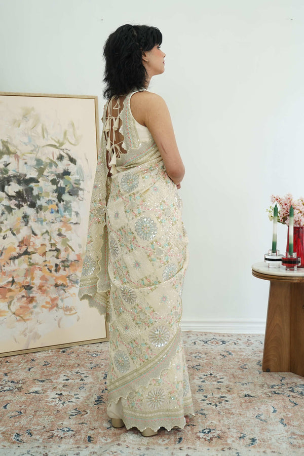 Cream Heavy sequins Embroidery Saree (Outside Ontario) - myethnicrentals
