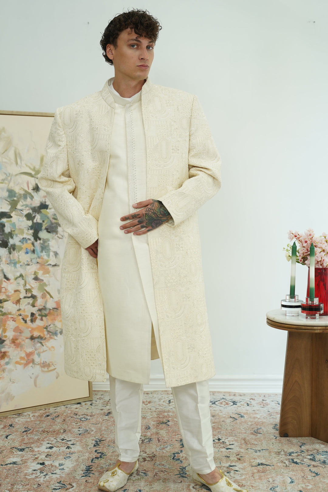 Ivory Embroidered Achkan Sherwani Set