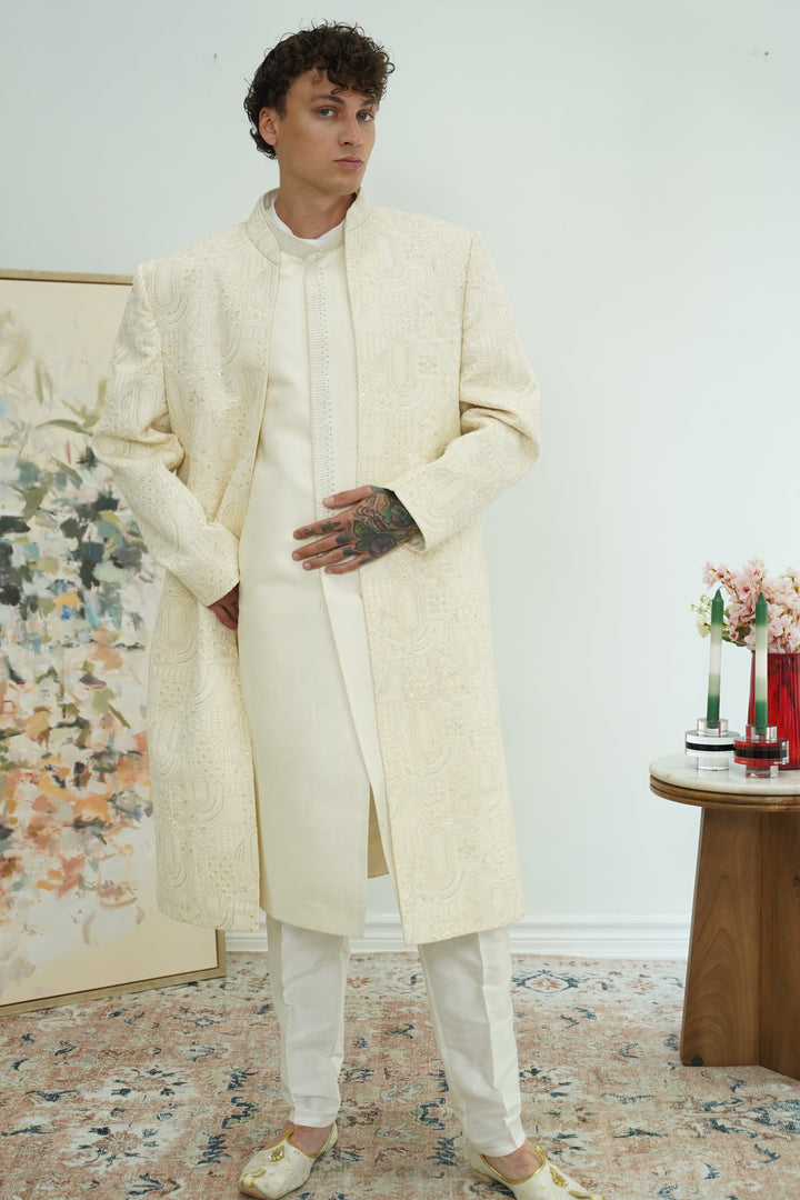 Ivory Embroidered Achkan Sherwani Set