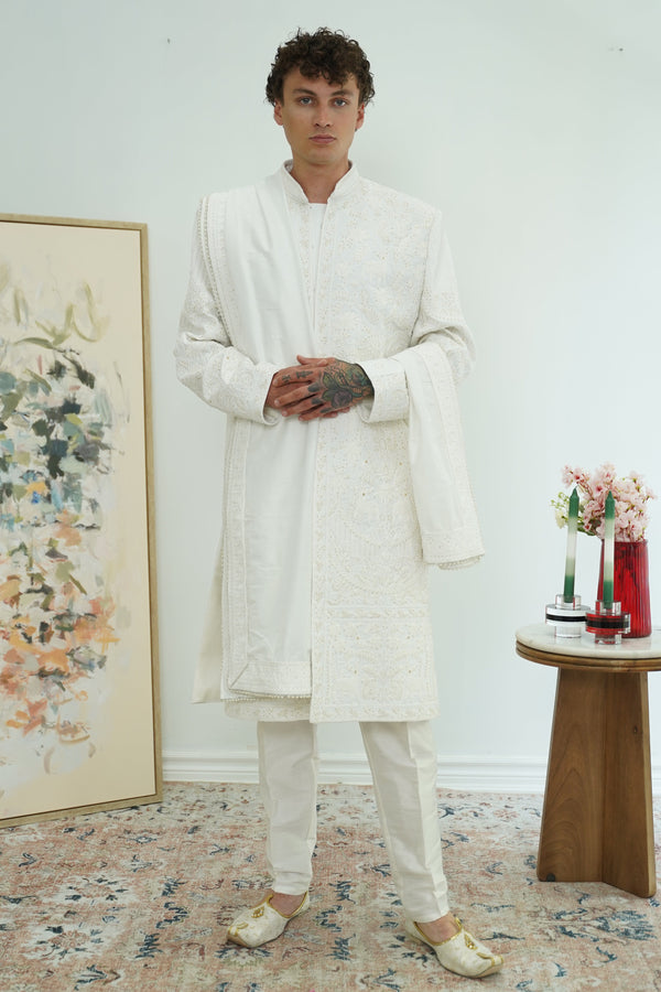 Pearl White Royal Sherwani with Dupatta