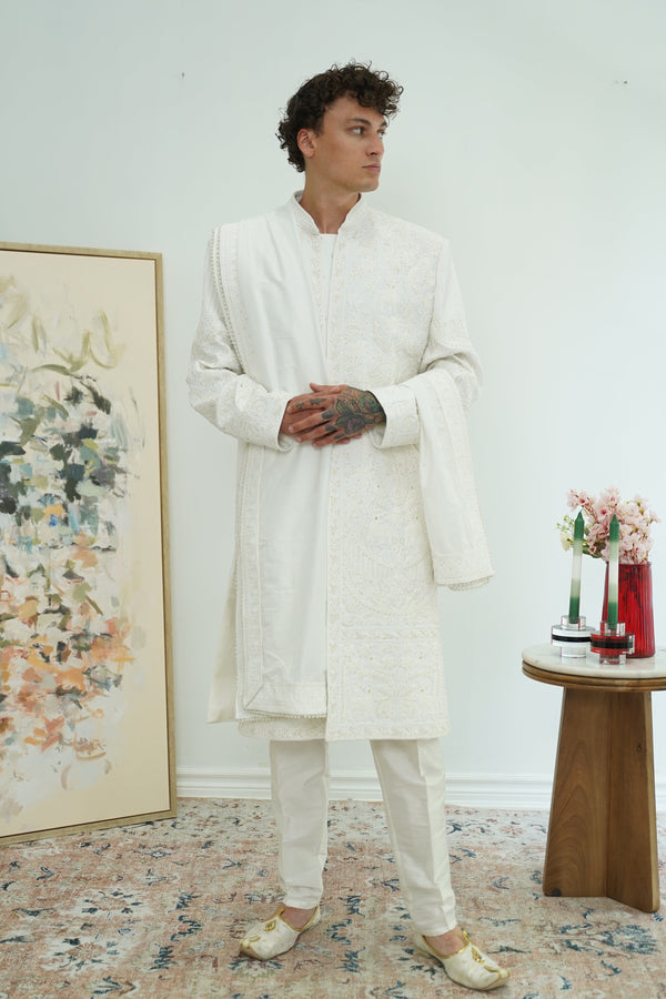 Pearl White Royal Sherwani with Dupatta