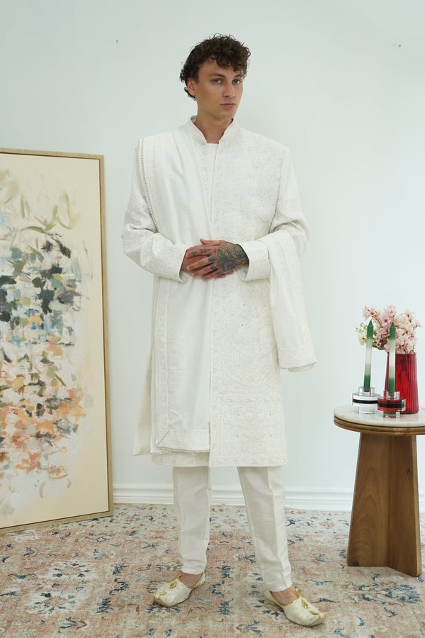Pearl White Royal Sherwani with Dupatta