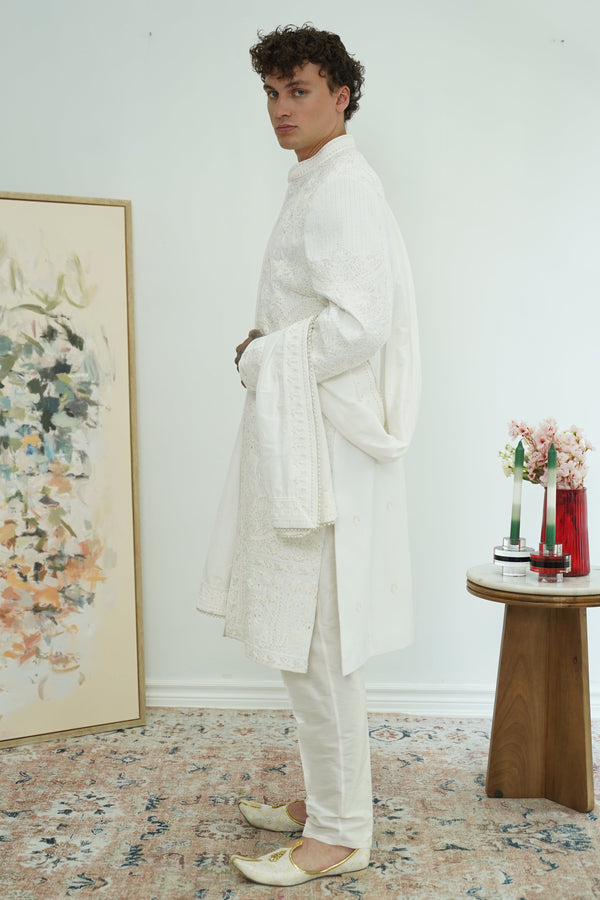 Pearl White Royal Sherwani with Dupatta