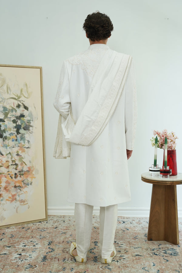 Pearl White Royal Sherwani with Dupatta