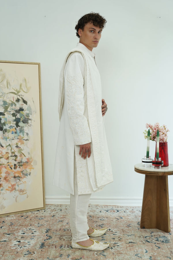 Pearl White Royal Sherwani with Dupatta
