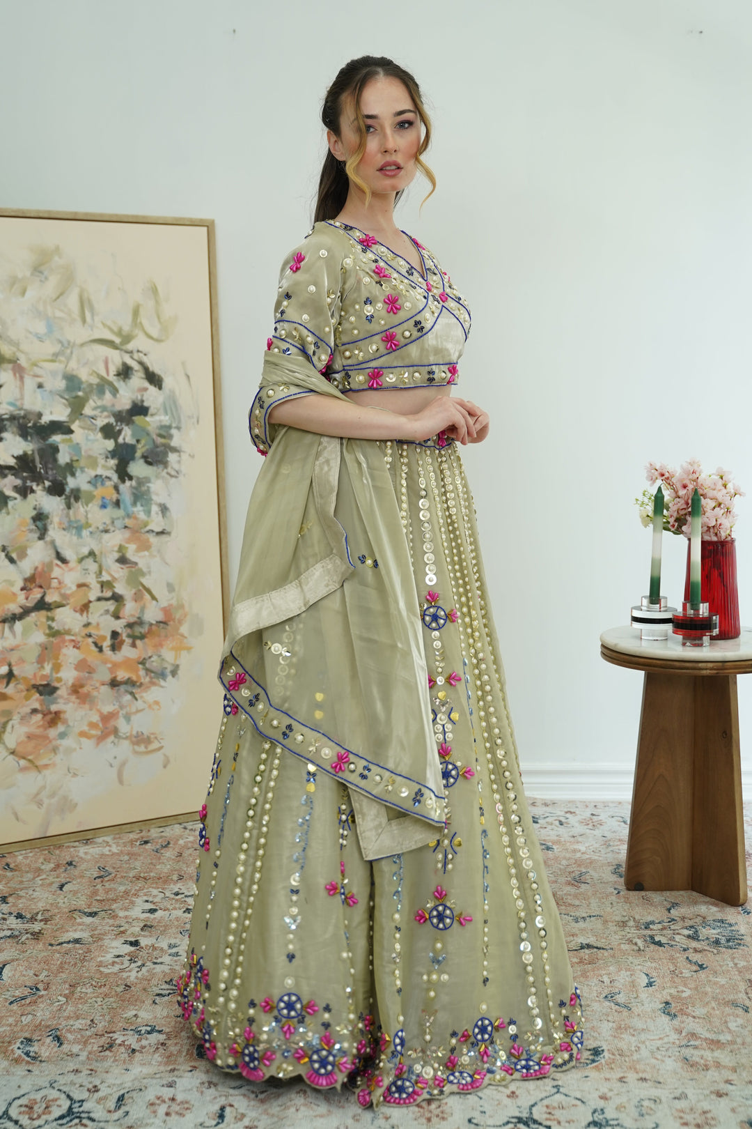 Olive Mirror Garden Lehenga