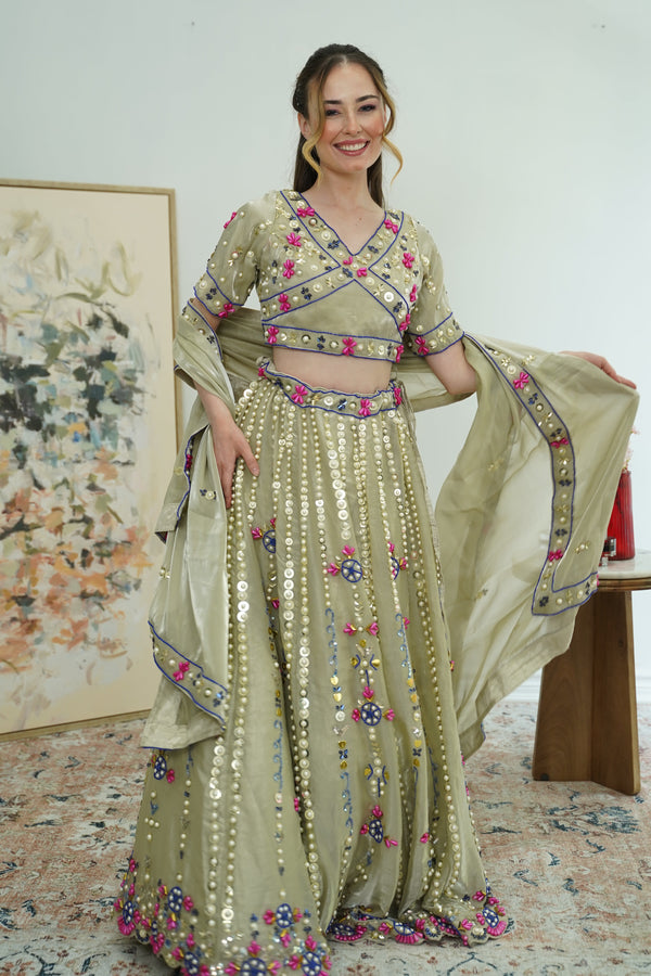Olive Mirror Garden Lehenga