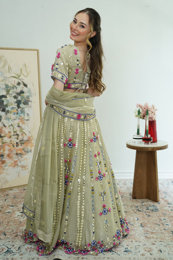 Olive Mirror Garden Lehenga