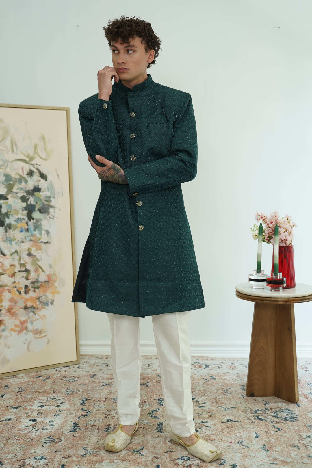 Deep Teal Textured Sherwani Set (Outside Ontario) - myethnicrentals