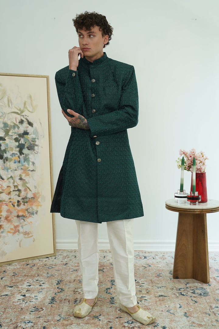 Deep Teal Textured Sherwani Set