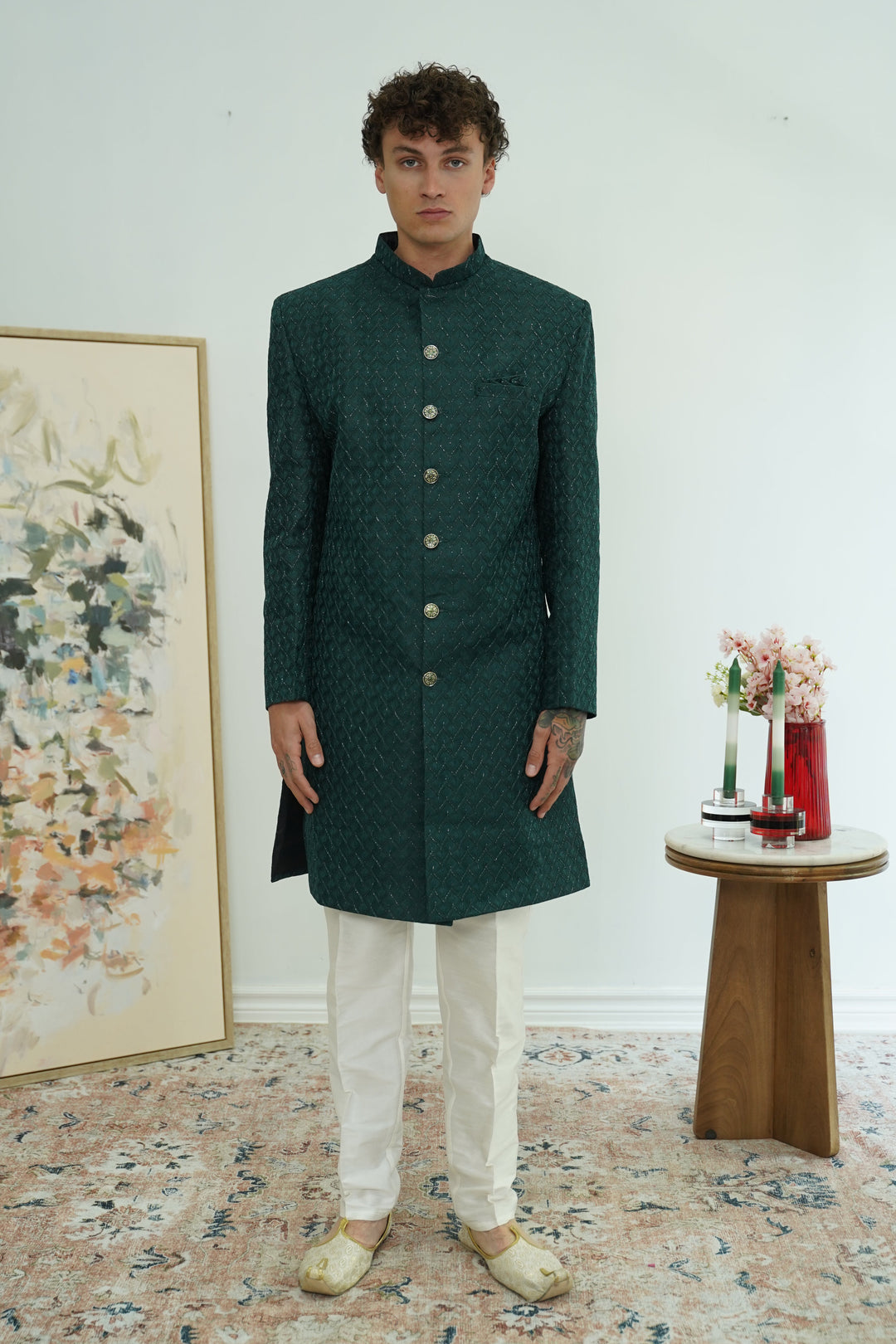 Deep Teal Textured Sherwani Set