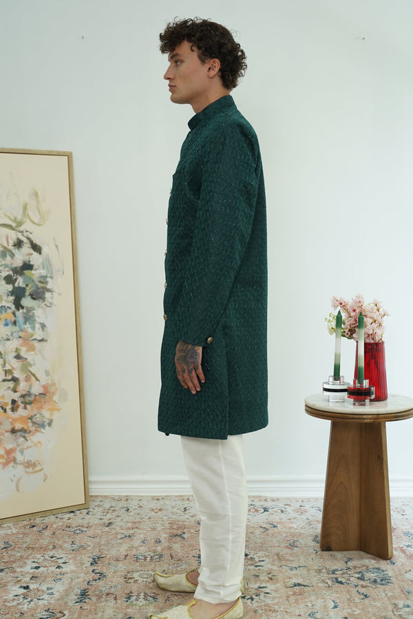 Deep Teal Textured Sherwani Set