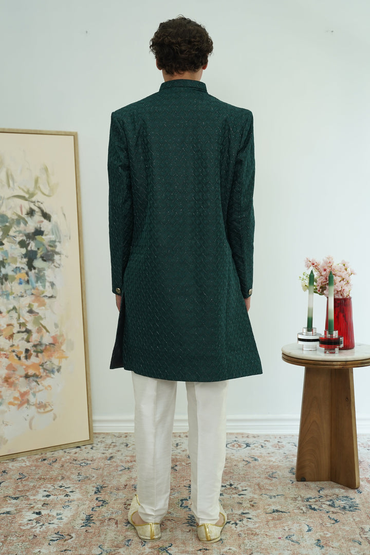 Deep Teal Textured Sherwani Set