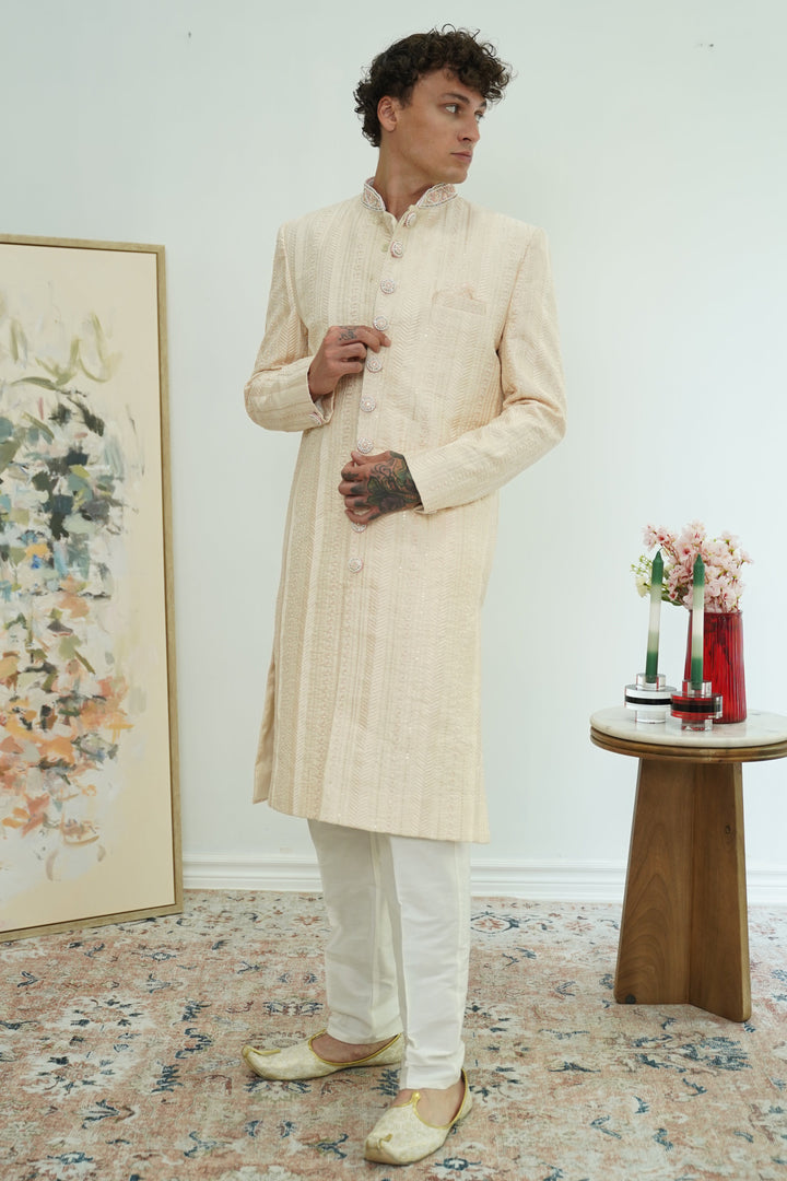 Soft pink Textured Sherwani Set
