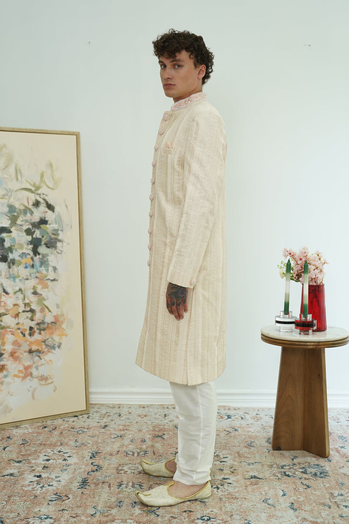Soft pink Textured Sherwani Set