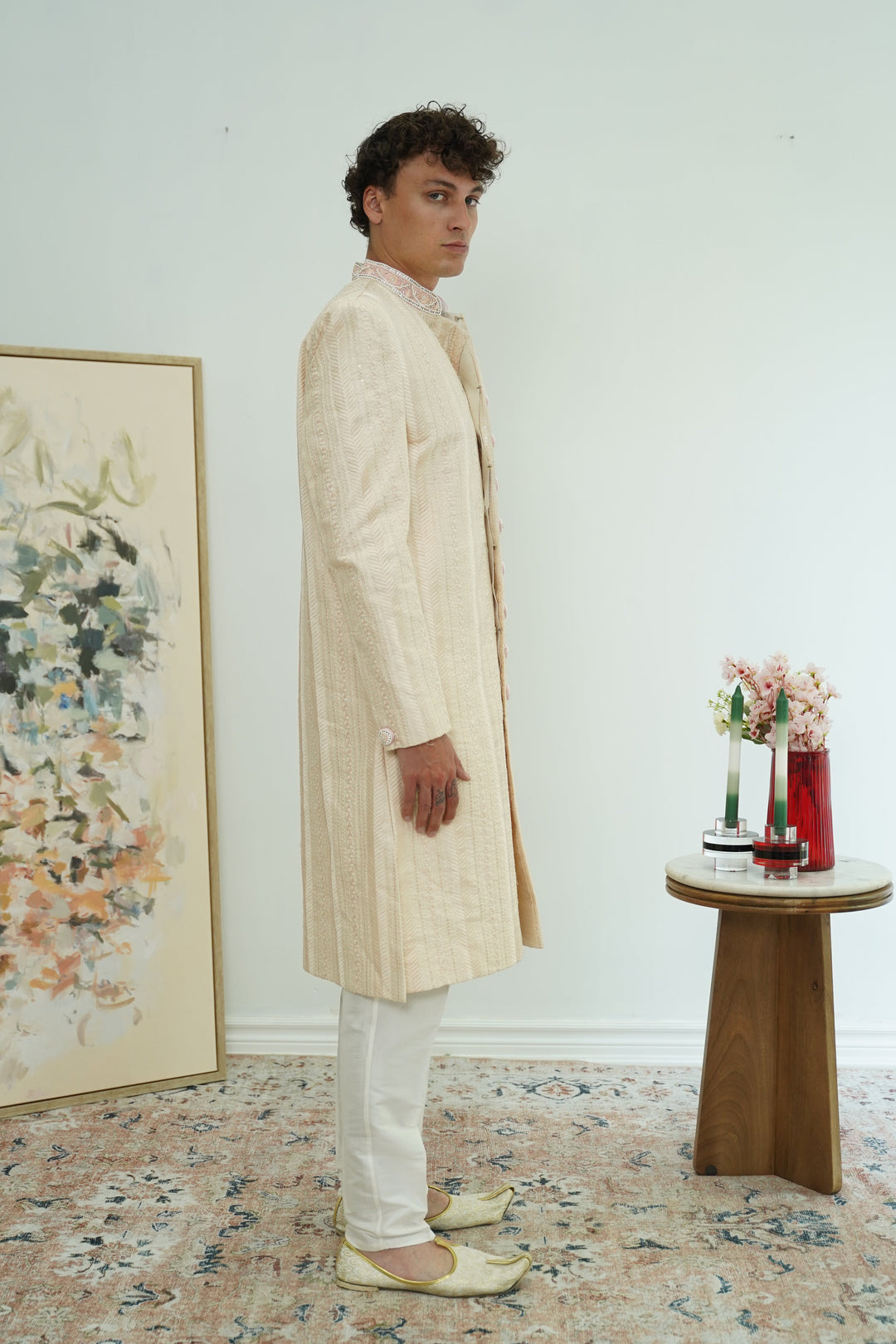 Soft pink Textured Sherwani Set