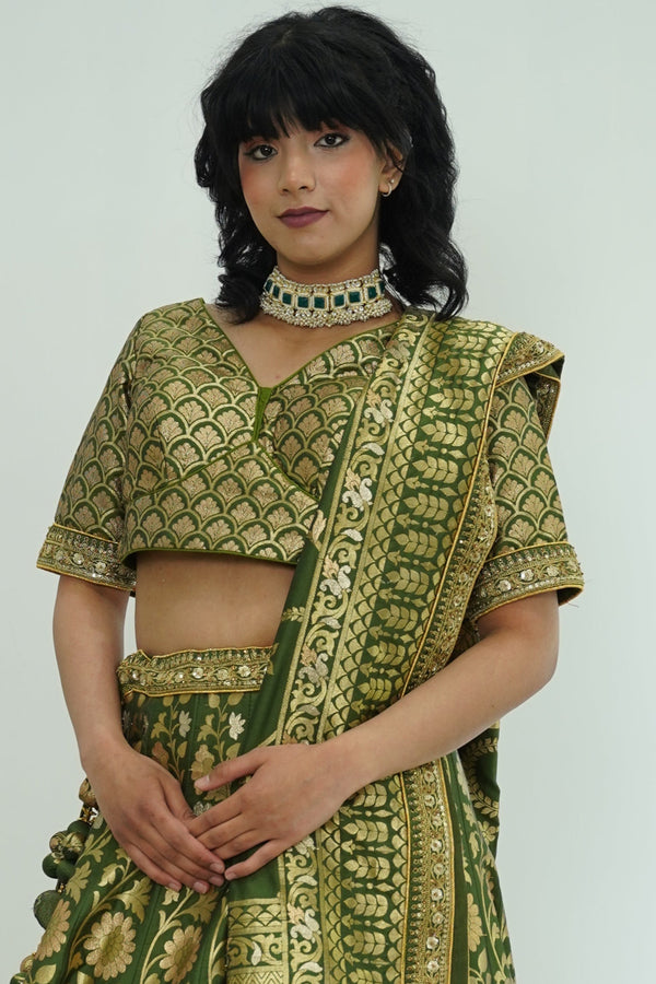 EXQUISITE MEHENDI GREEN BANARASI LEHENGA
