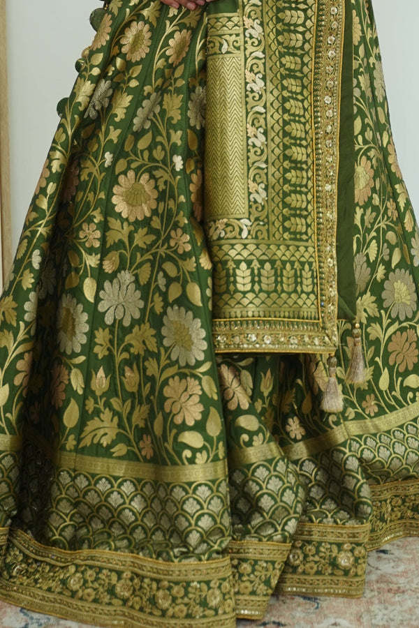 EXQUISITE MEHENDI GREEN BANARASI LEHENGA