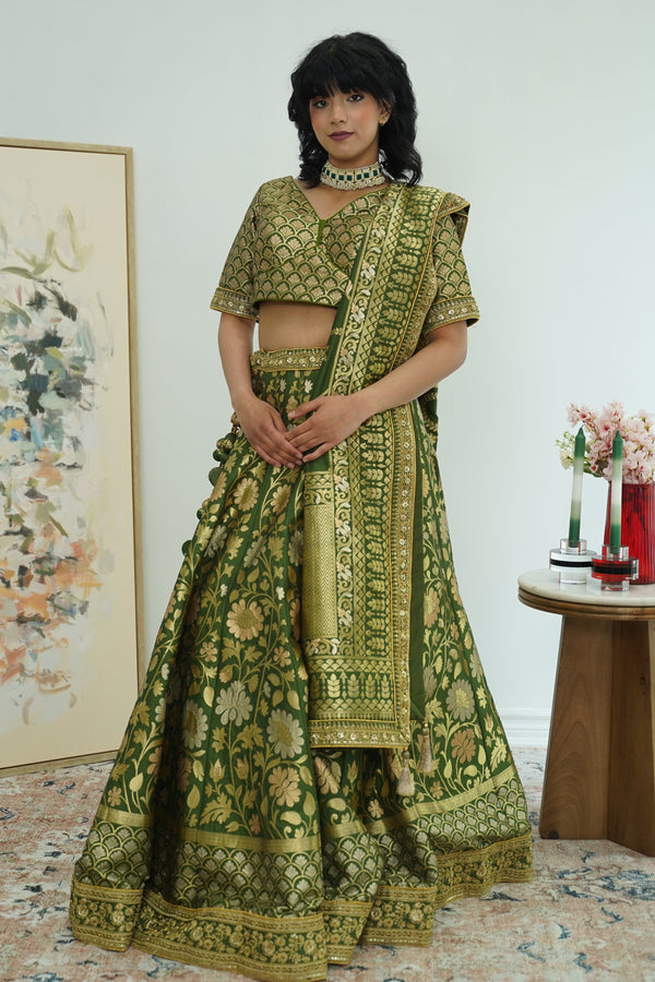 EXQUISITE MEHENDI GREEN BANARASI LEHENGA