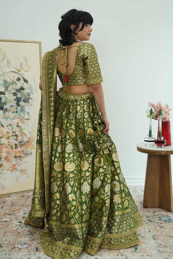 EXQUISITE MEHENDI GREEN BANARASI LEHENGA