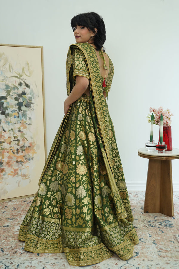 EXQUISITE MEHENDI GREEN BANARASI LEHENGA