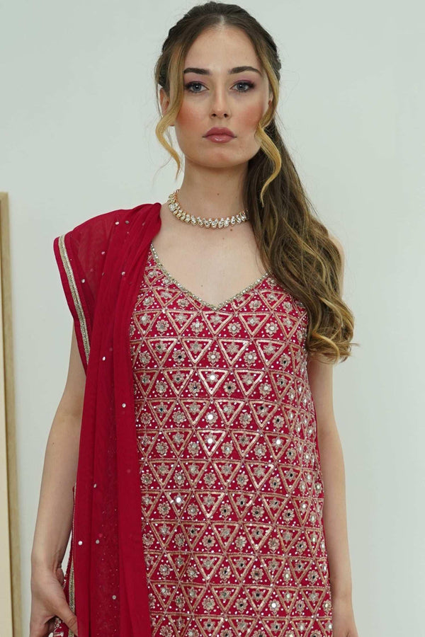 Crimson Mirrorwork Sharara Set (Outside Ontario) - myethnicrentals