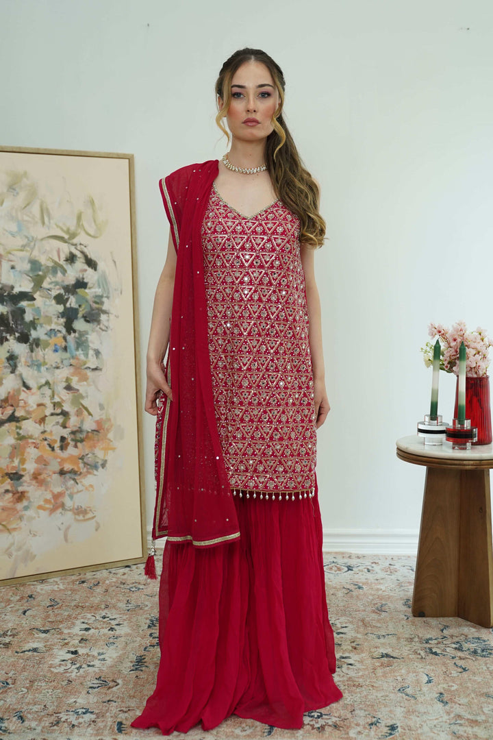 Crimson Mirrorwork Sharara Set (Outside Ontario) - myethnicrentals