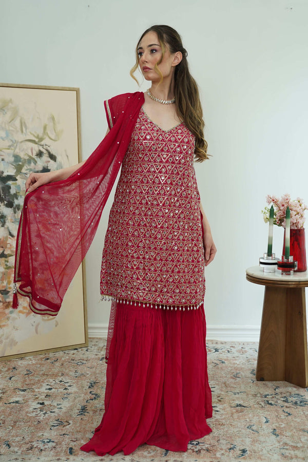 Crimson Mirrorwork Sharara Set (Outside Ontario) - myethnicrentals