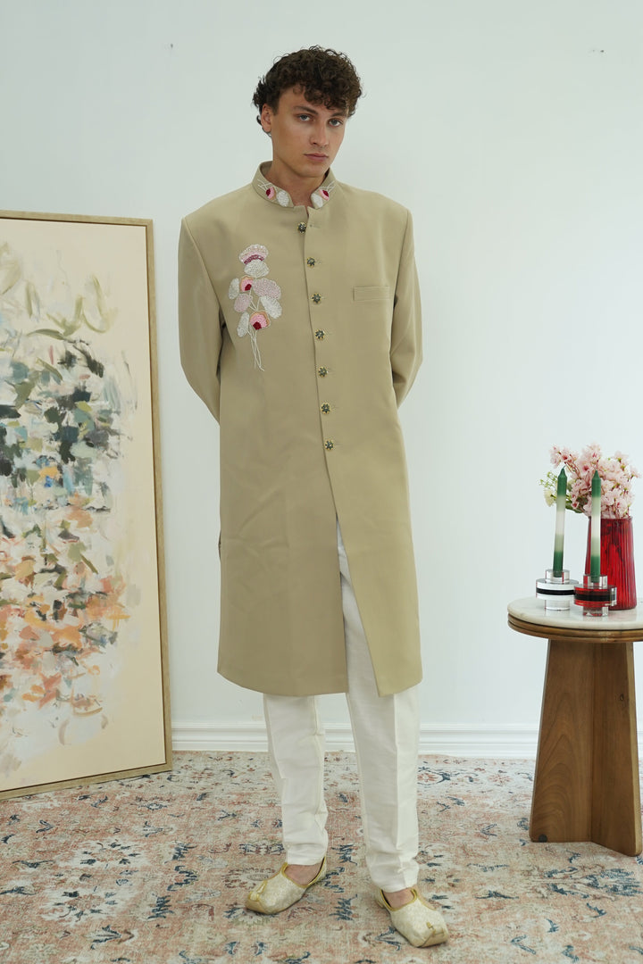 Sage Floral Embroidered Sherwani Set