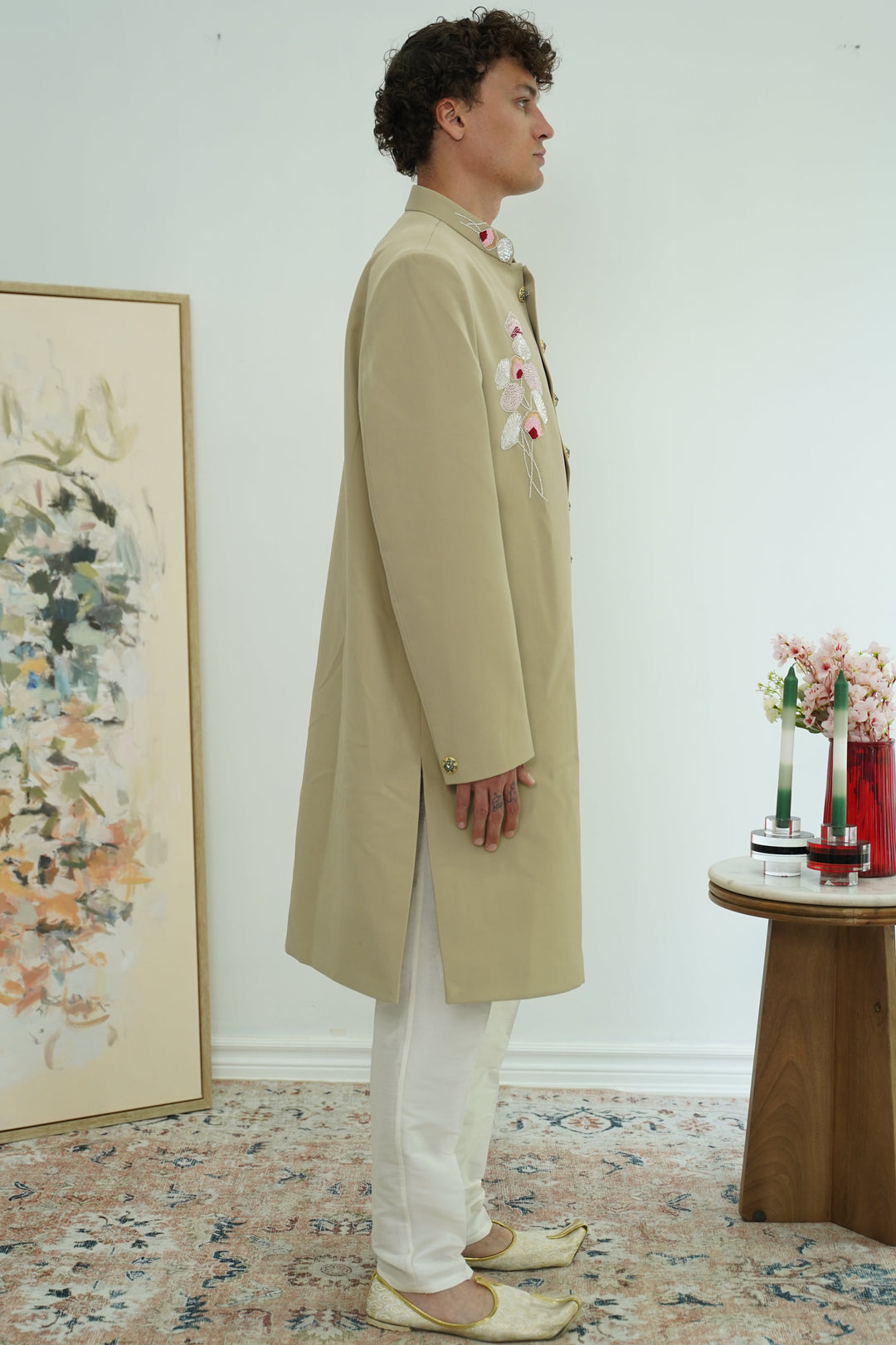 Sage Floral Embroidered Sherwani Set