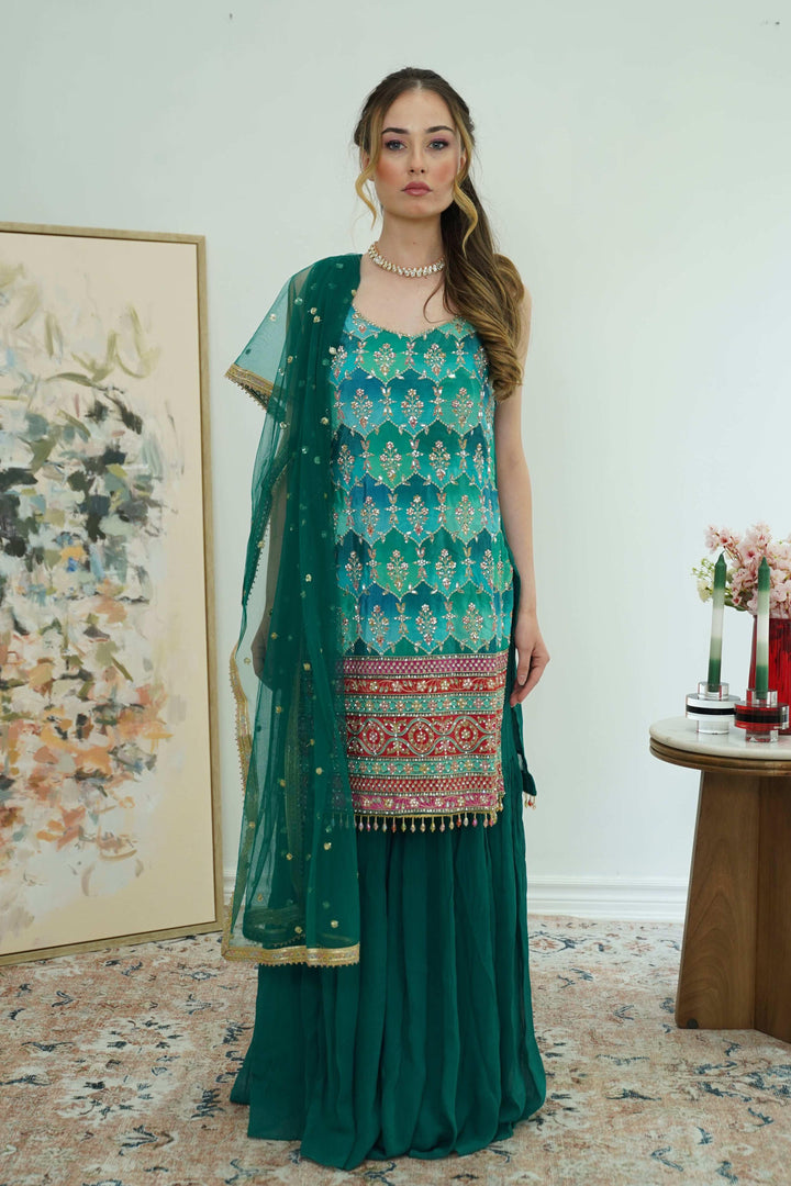 Emerald Mirror & Phulkari Sharara Set (Outside Ontario) - myethnicrentals
