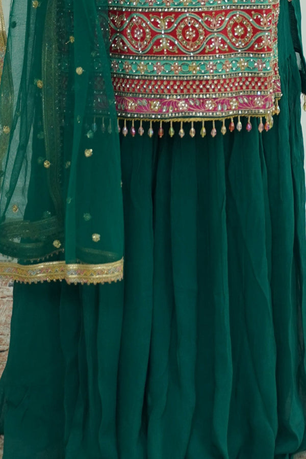 Emerald Mirror & Phulkari Sharara Set
