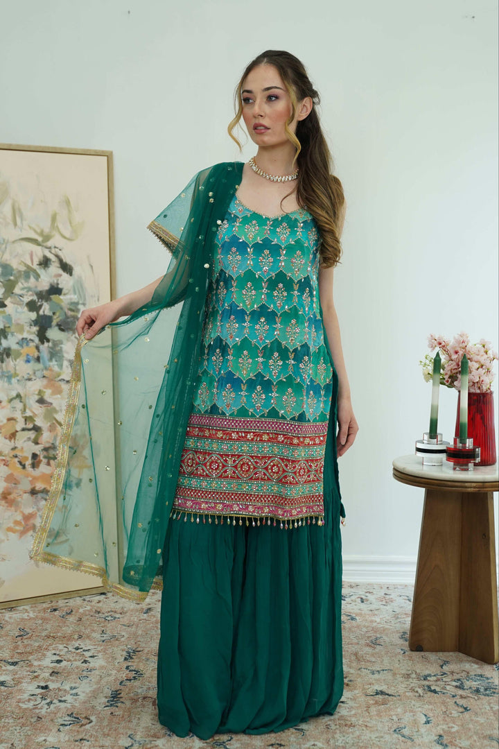 Emerald Mirror & Phulkari Sharara Set (Outside Ontario) - myethnicrentals
