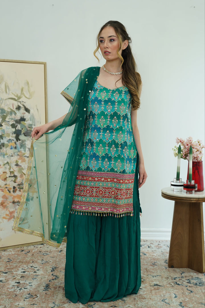 Emerald Mirror & Phulkari Sharara Set