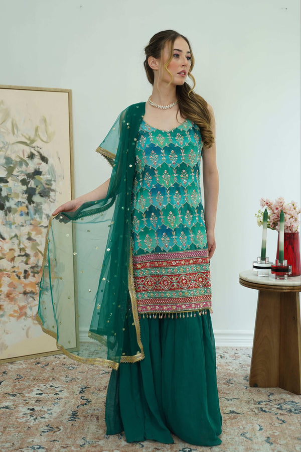 Emerald Mirror & Phulkari Sharara Set (Outside Ontario) - myethnicrentals