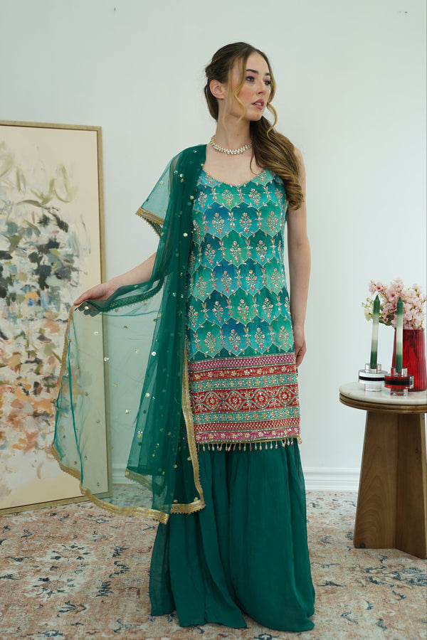 Emerald Mirror & Phulkari Sharara Set