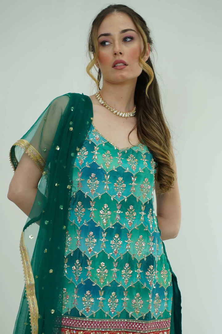 Emerald Mirror & Phulkari Sharara Set (Outside Ontario) - myethnicrentals