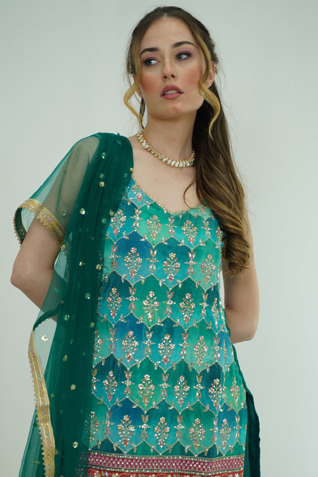 Emerald Mirror & Phulkari Sharara Set