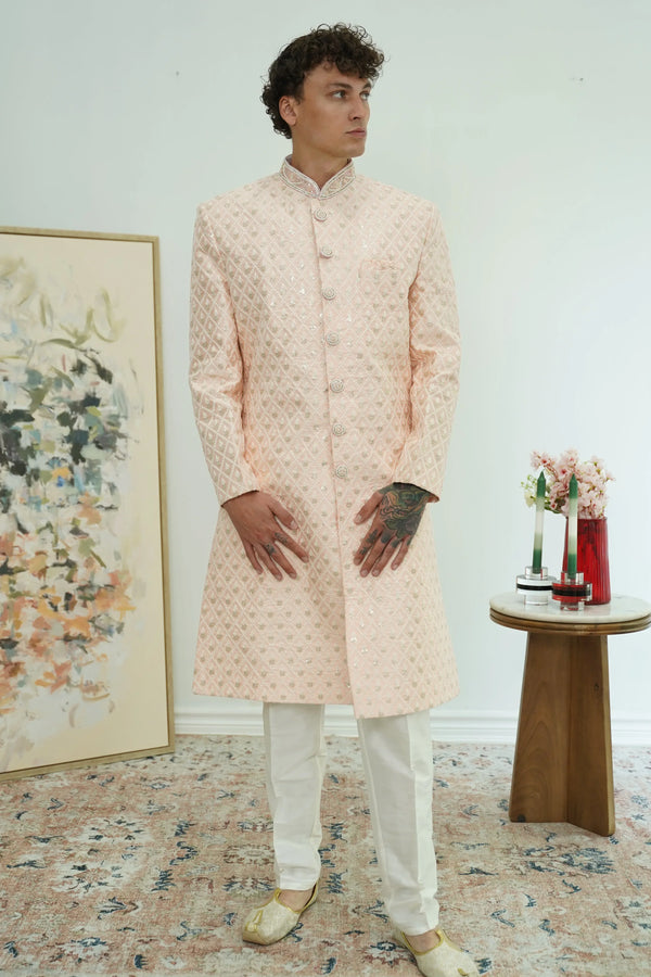 Soft Peach Diamond-Embroidered Sherwani Set