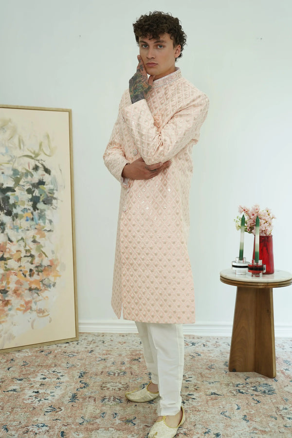 Soft Peach Diamond-Embroidered Sherwani Set