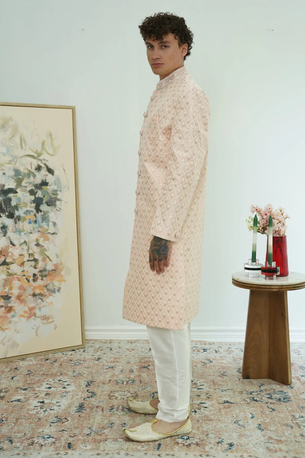 Soft Peach Diamond-Embroidered Sherwani Set