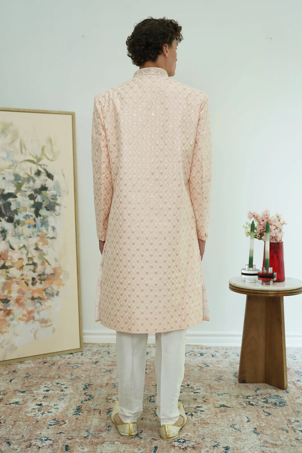Soft Peach Diamond-Embroidered Sherwani Set
