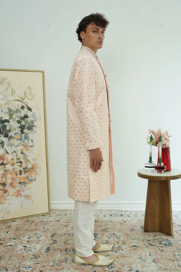 Soft Peach Diamond-Embroidered Sherwani Set