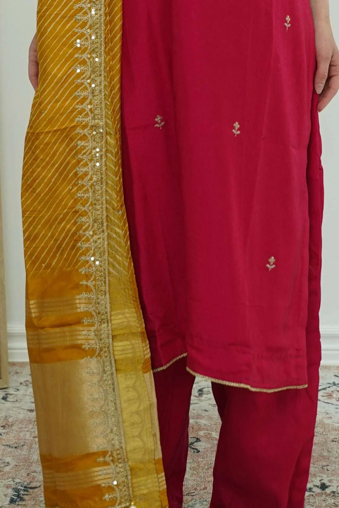 Maroon & Mustard Threadwork Salwar Kameez (Outside Ontario) - myethnicrentals