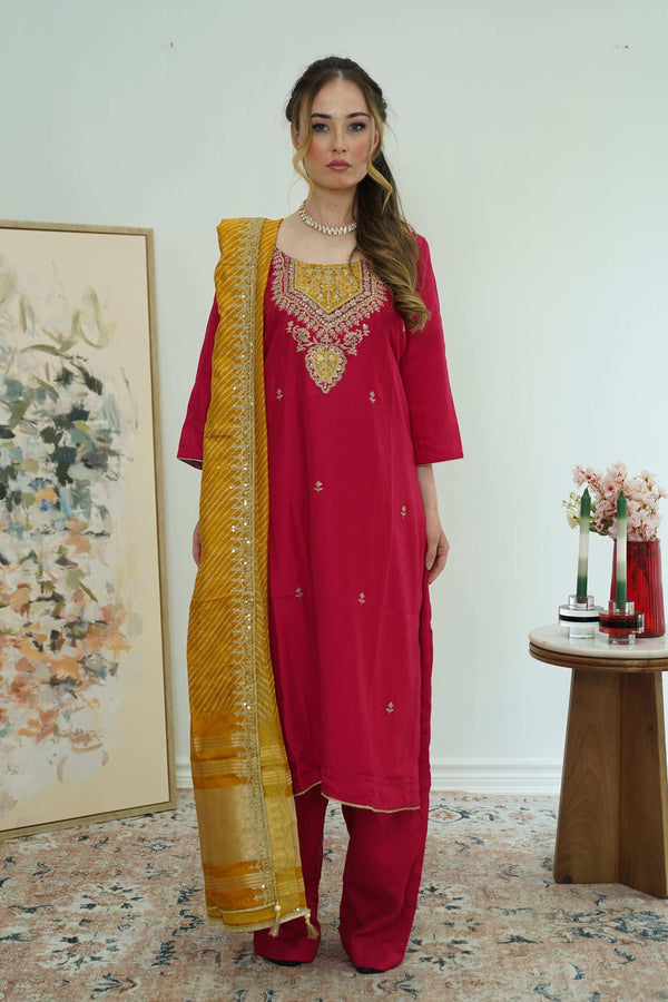 Maroon & Mustard Threadwork Salwar Kameez (Outside Ontario) - myethnicrentals