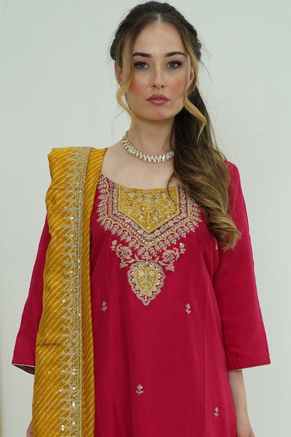 Maroon & Mustard Threadwork Salwar Kameez