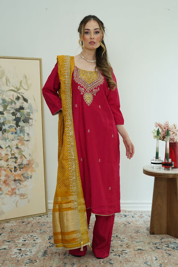 Maroon & Mustard Threadwork Salwar Kameez
